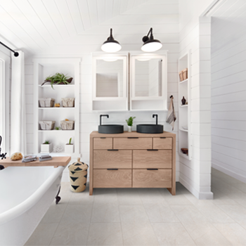 vinyl tile flooring stone look in farmhouse modern bathroom